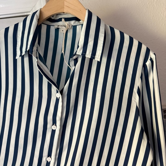 NWT LILYSILK blue white mulberry silk striped long sleeve button up shirt - Picture 5 of 9